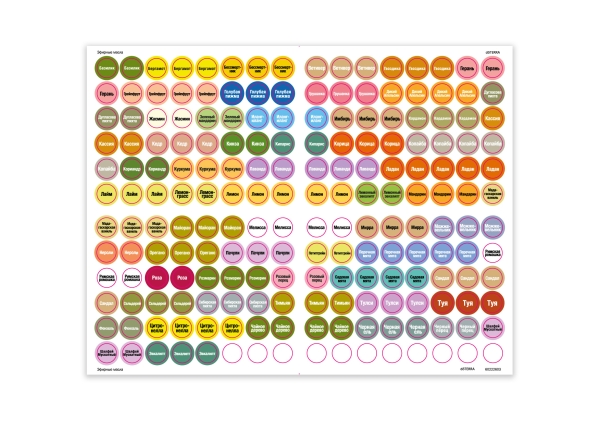 Наклейки с названиями однокомпонентных эфирных масел на русском языке